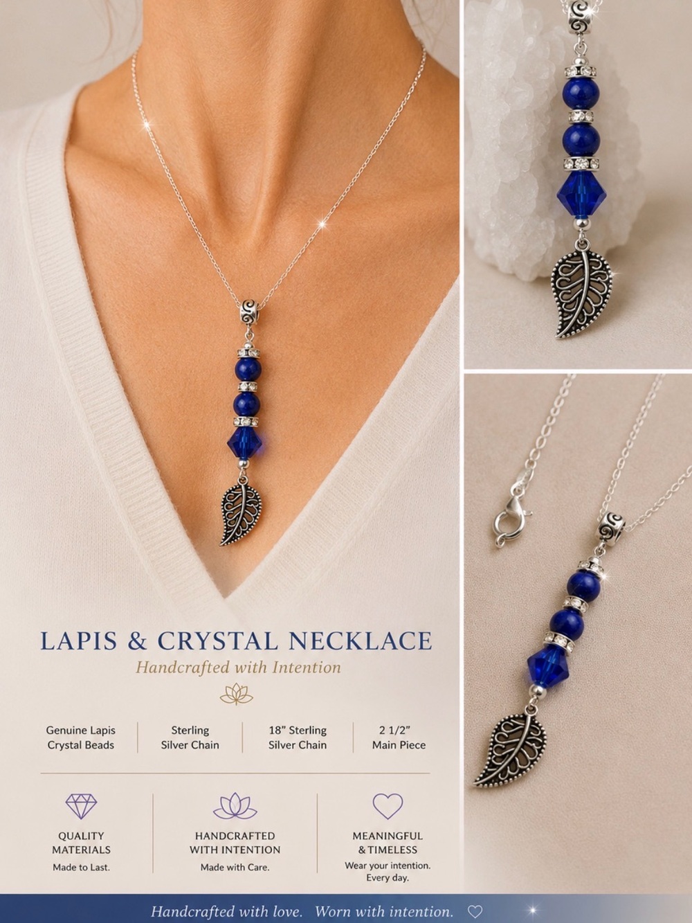 Lapis Genuine Stone & Crystal Necklace in Deep Blue - Sterling Silver